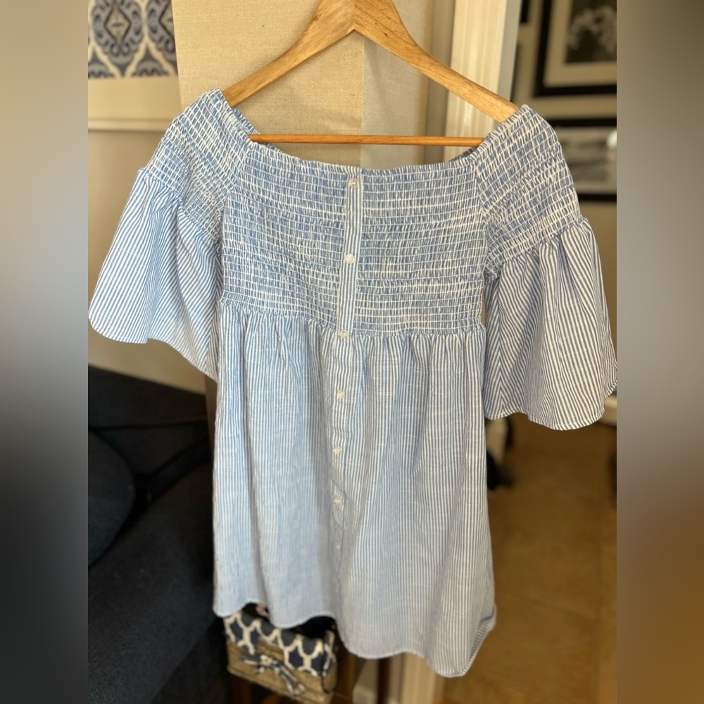 SHINESTAR Blue/White Striped Mini Dress Smocked Off Shoulder